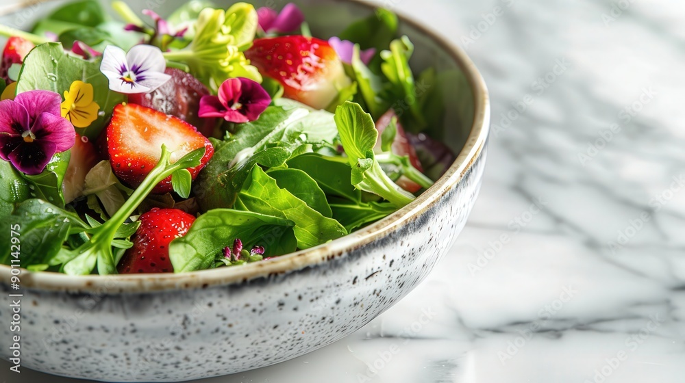 Inviting Fresh Green Salad with Strawberries and Edible Flowers 
