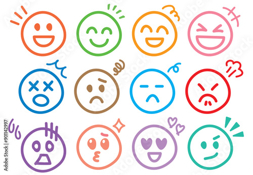 Cute handwritten icons of handwritten emojis and emoticons. Colorful line art.