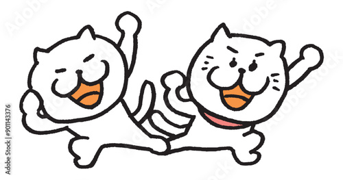 目が細いかわいい白猫のキャラの二匹