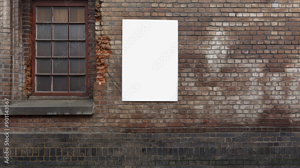 Fototapeta premium empty white poster on a brick wall, ready for your advertisement, announcement, or artistic creation, blending simplicity with urban aesthetics