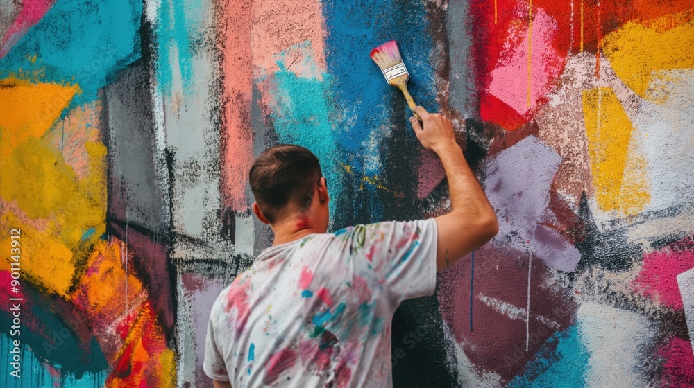 Obraz premium Man painting a mural on a building, transforming the urban landscape with his vibrant and imaginative artwork
