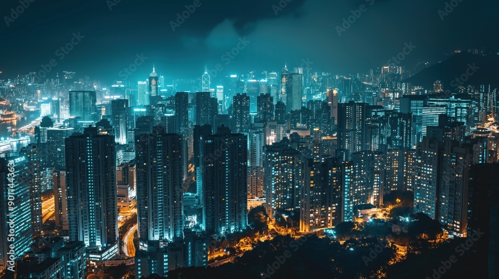 Aerial view of a bustling cityscape at night, illuminated by thousands of lights The skyline is a mesmerizing blend of towering skyscrapers and historical buildings, showcasing urban diversity Aerial view of a bustling cityscape at night, illuminated by thousands of lights The skyline is a mesmerizing blend of towering skyscrapers and historical buildings, showcasing urban diversity
