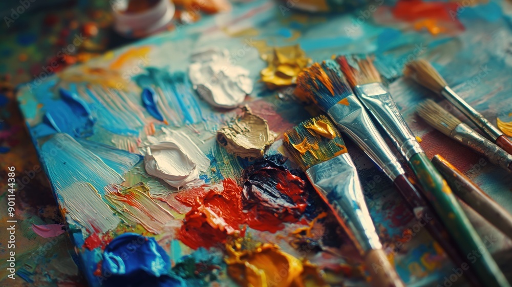 Artists palette filled with vibrant paint colors, brushes, and a partially completed canvas. The image celebrates creativity, expression, and the joy of painting Artists palette filled with vibrant paint colors, brushes, and a partially completed canvas. The image celebrates creativity, expression, and the joy of painting