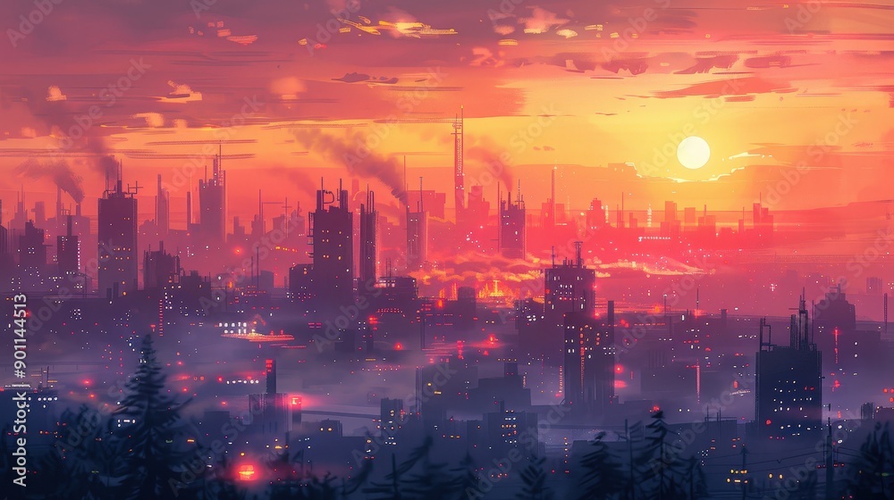 Vibrant Sunset Overlook of a Bustling Cityscape With Skyscrapers and Industrial Smoke. Generative AI Vibrant Sunset Overlook of a Bustling Cityscape With Skyscrapers and Industrial Smoke. Generative AI