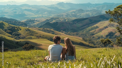 A couple sits in a grassy field, looking out over a beautiful vista of rolling hills and mountains.