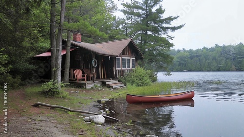 A rustic cabin sits on the shore of a lake with a canoe in the water.