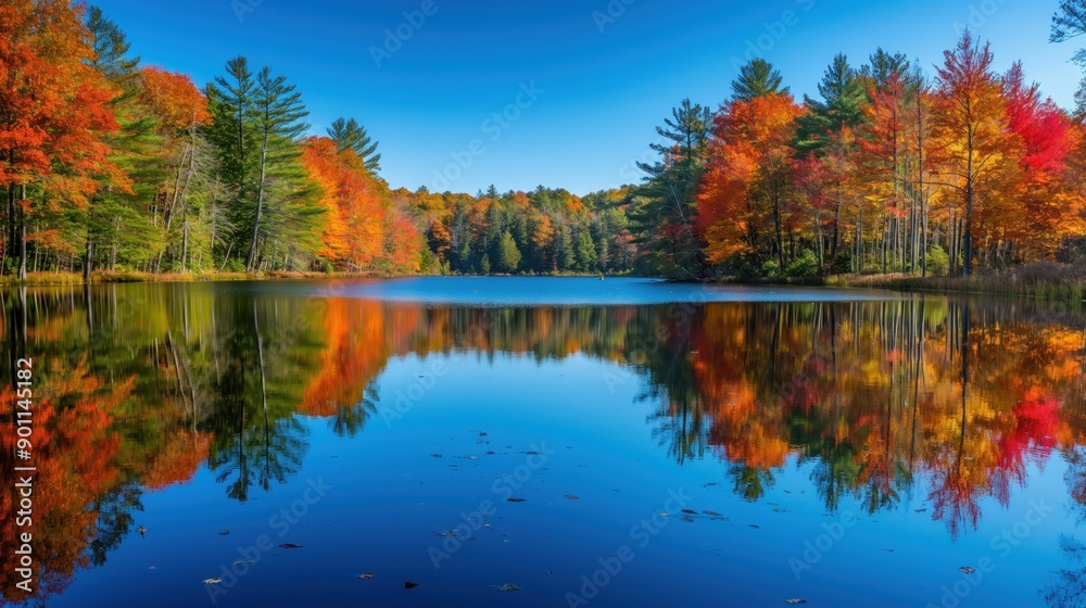 A tranquil lake reflects the vibrant colors of autumn foliage on a sunny day A tranquil lake reflects the vibrant colors of autumn foliage on a sunny day