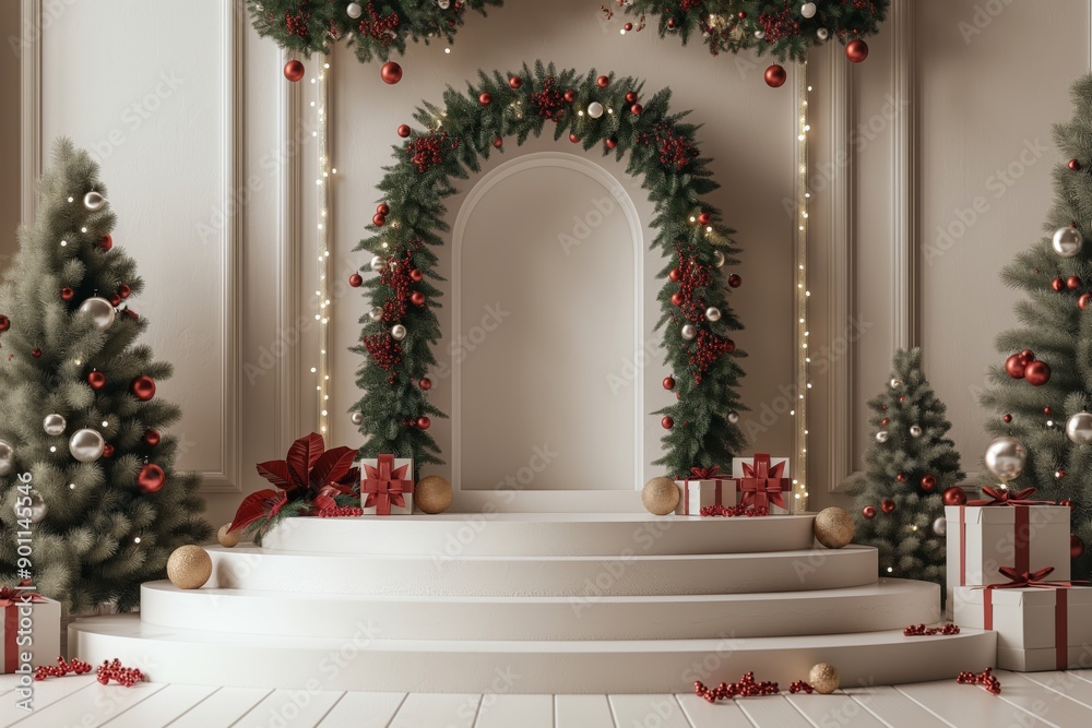 Fototapeta premium Christmas-themed empty podium for product presentation mockup
