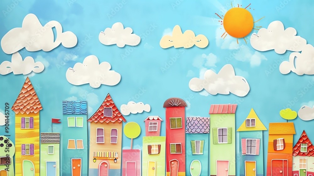 A colorful, cartoon-style illustration of a town with a blue sky and a bright sun. A colorful, cartoon-style illustration of a town with a blue sky and a bright sun.