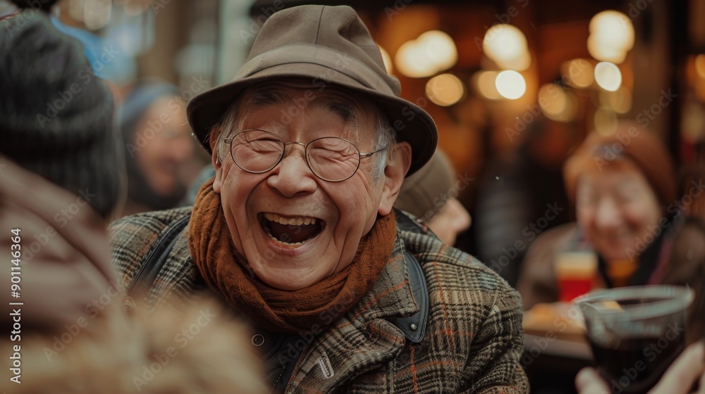 Joyful Photo of an Elderly Person Laughing with Friends at a Café, Capturing Warmth and Happiness in Social Connection Joyful Photo of an Elderly Person Laughing with Friends at a Café, Capturing Warmth and Happiness in Social Connection