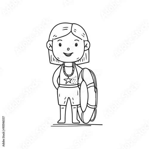 Simple drawing of a lifeguard woman stand on the beach