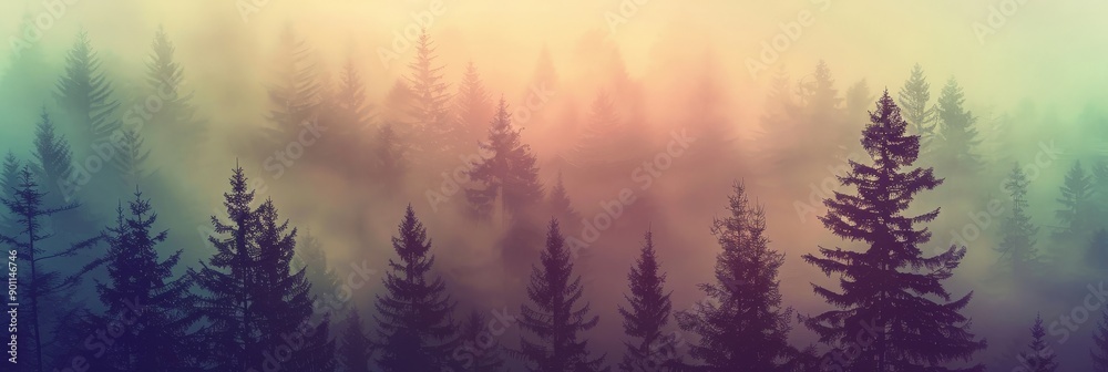 Naklejka premium Surreal view of fir trees veiled by early morning fog, using a vintage cross-processing technique