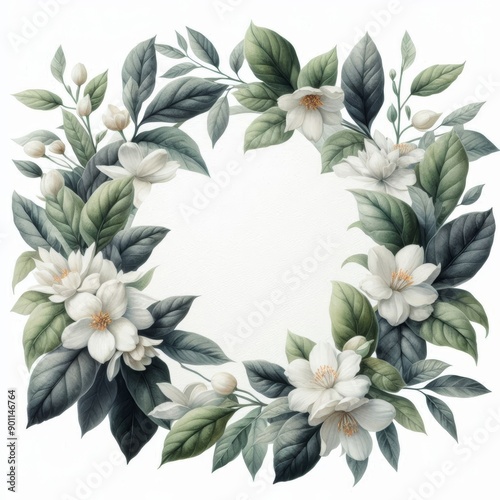 Delicate white flowers and lush green leaves create a circular frame. © Tadeusz