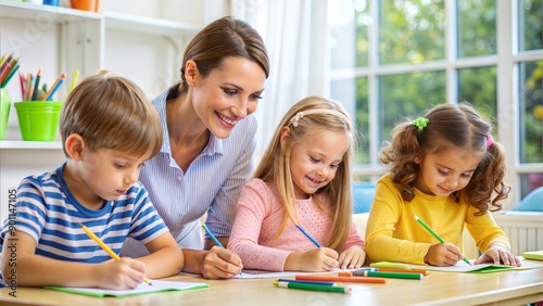 Happy group of kids and teacher at school in a light classroom 