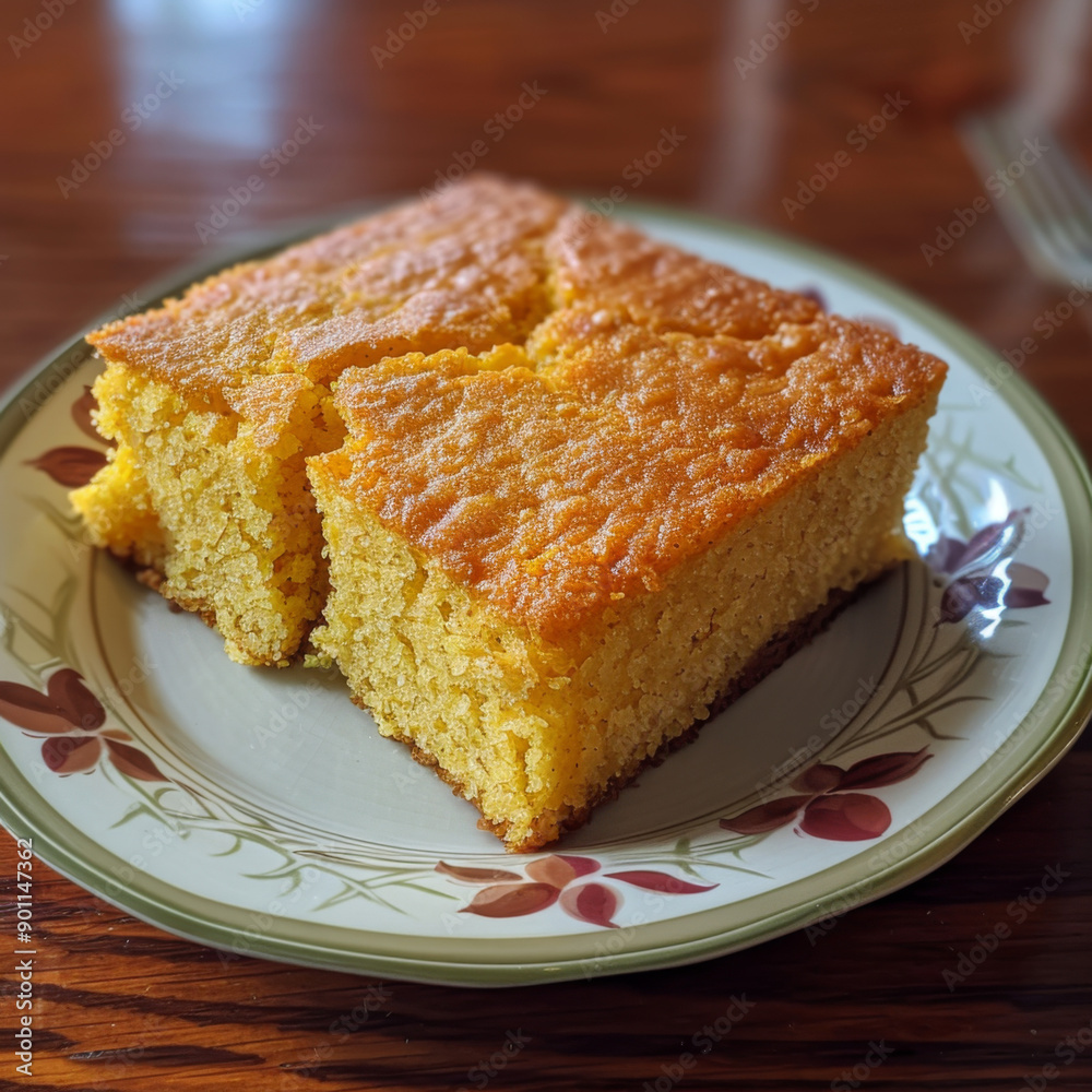 Piece of cornbread on a plate Piece of cornbread on a plate