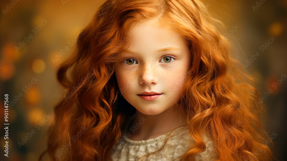 Portrait of a gorgeous cute smiling beautiful baby girl with red hair and perfect skin, golden background, banner. Portrait of a gorgeous cute smiling beautiful baby girl with red hair and perfect skin, golden background, banner.