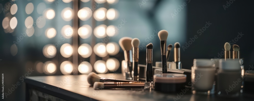 Obraz premium Makeup brushes and containers on vanity with soft, blurred lighting.