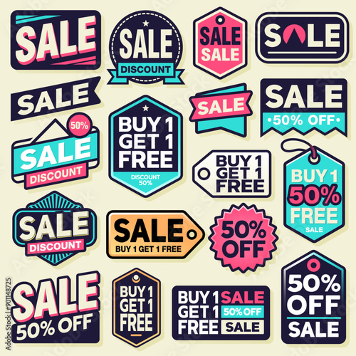 An image featuring multiple colorful sale labels with texts like 'SALE,' 'BUY 1 GET 1 FREE,' and '50% OFF,' in vibrant colors including pink, blue, and white, designed in various shapes and styles.