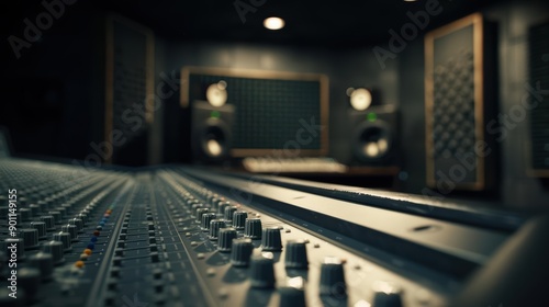 Closeup of a professional audio mixing console in a recording studio.