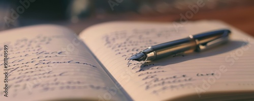 Close-up of a fountain pen resting on an open notebook.