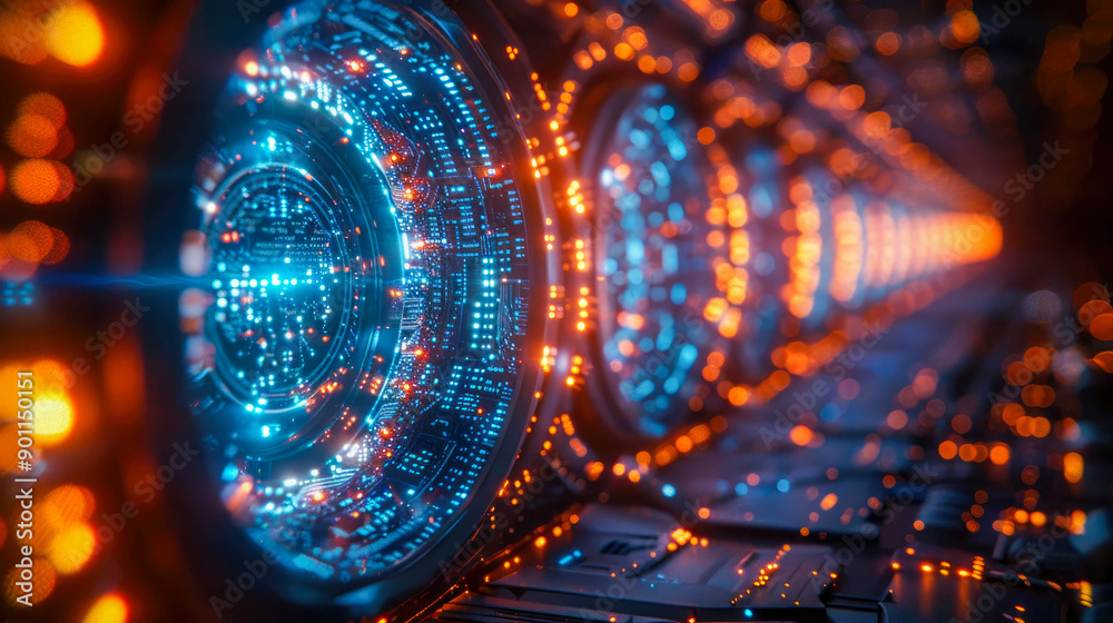 A futuristic digital tunnel with blue and orange lights, set against a dark background. Concept of technology and data flow
