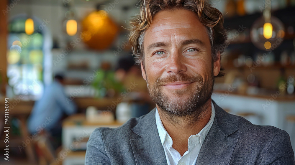 Fototapeta premium Smiling, confident businessman in a stylish suit, standing in a modern office