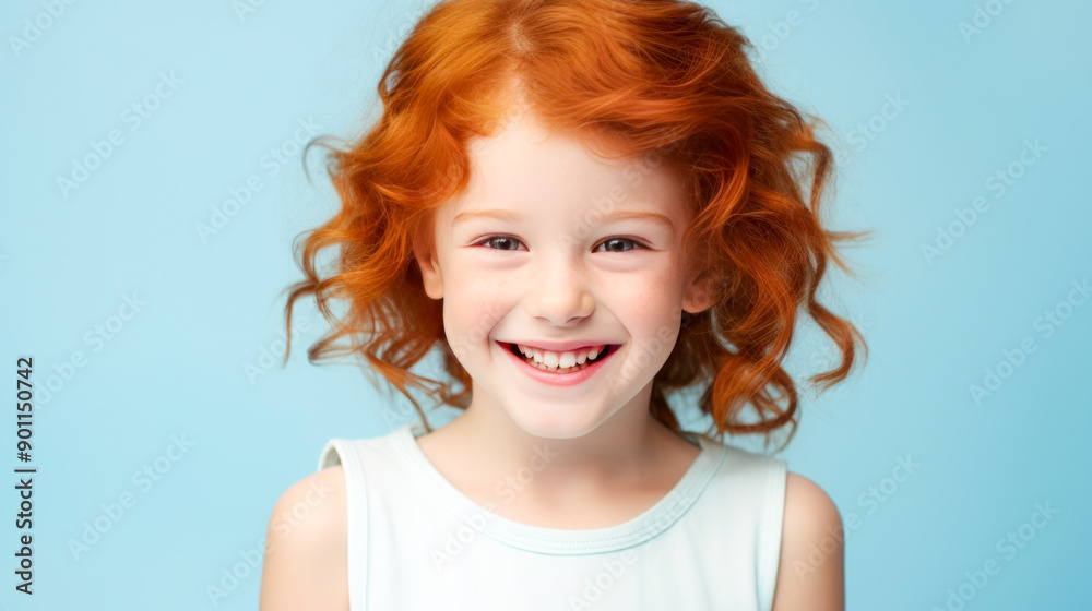 Portrait of a gorgeous cute smiling beautiful baby girl with red hair and perfect skin, light blue background, banner. Portrait of a gorgeous cute smiling beautiful baby girl with red hair and perfect skin, light blue background, banner.