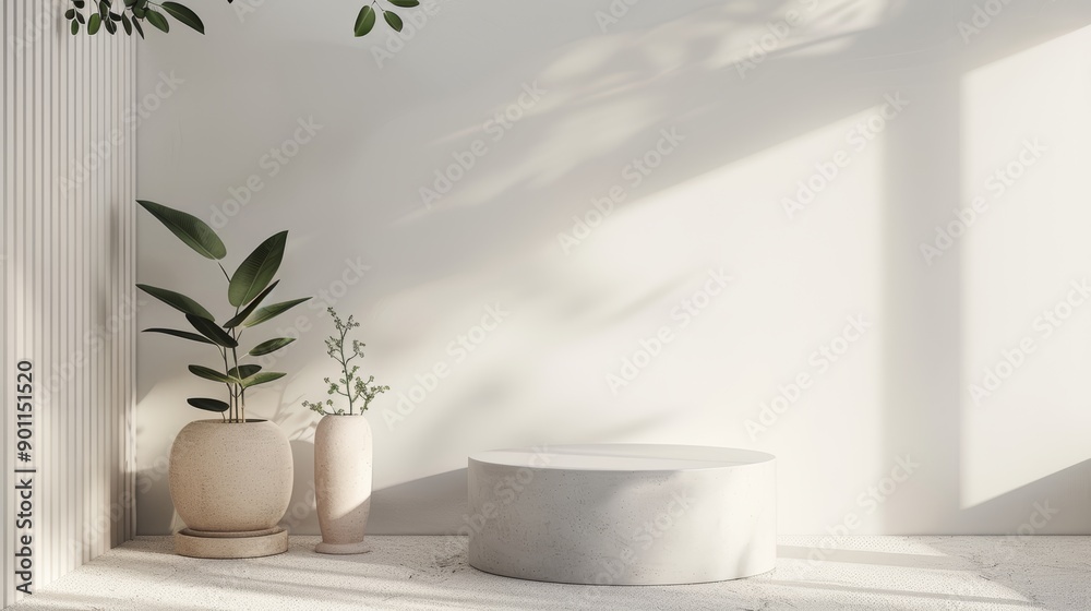 White wall with arched niche, marble podium, and plant pot. Suitable for interior design concepts, architectural illustrations, and home decor themes. White wall with arched niche, marble podium, and plant pot. Suitable for interior design concepts, architectural illustrations, and home decor themes.