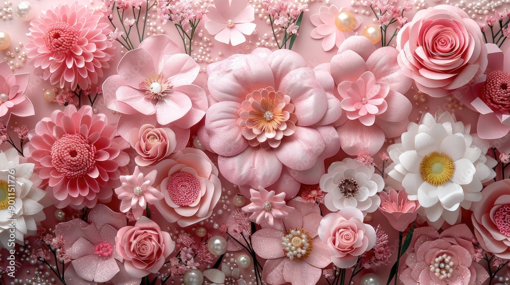 pink background with glitter and flowers, pearls, pink and white color palette