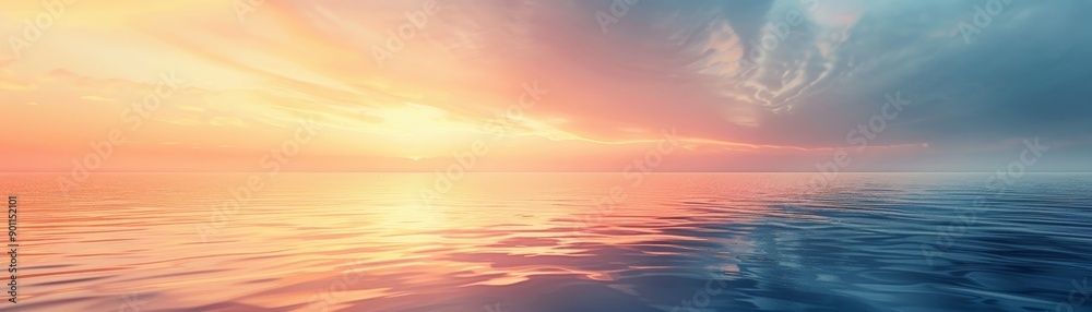 Obraz premium Breathtaking sunset over a tranquil ocean, sky painted with vivid hues of orange, pink, and blue, creating a serene and peaceful atmosphere.