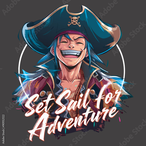 A daring pirate captain in a blue hat and red outfit, ready to embark on a thrilling journey