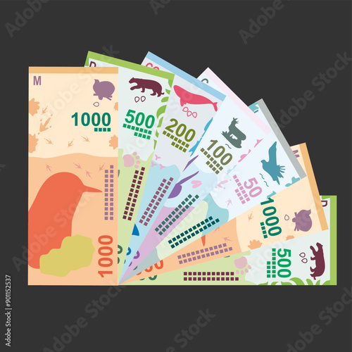 Argentine Peso Vector Illustration. Argentina money set bundle banknotes. Paper money 50, 100, 200, 500, 1000 ARS. Flat style. Isolated on white background. Simple minimal design.