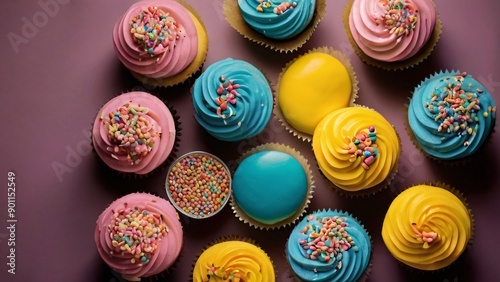 Cupcakes with colorful frosting and sprinkles, dessert