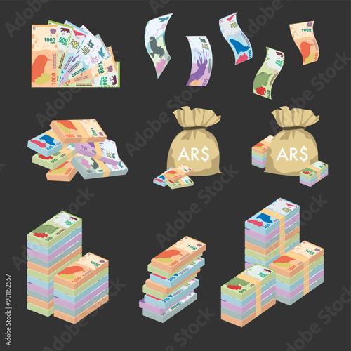 Argentine Peso Vector Illustration. Huge packs of Argentina money set bundle banknotes. Bundle with cash bills. Deposit, wealth, accumulation and inheritance. Falling money 50, 100, 200, 500, 1000 ARS