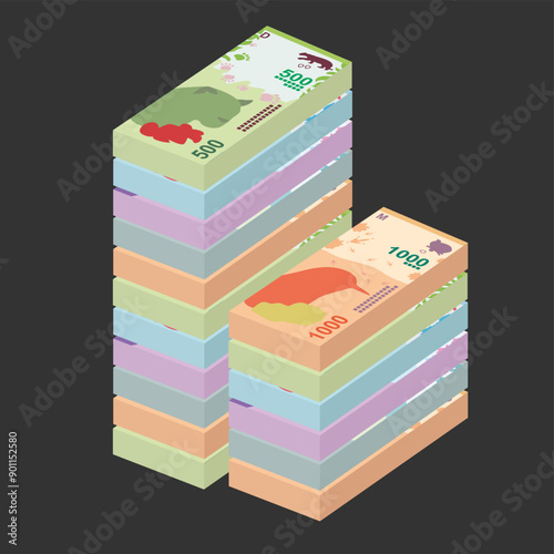 Argentine Peso Vector Illustration. Argentina money set bundle banknotes. Paper money 50, 100, 200, 500, 1000 ARS. Flat style. Isolated on white background. Simple minimal design.