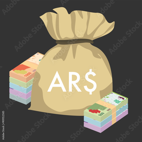 Argentine Peso Vector Illustration. Argentina money set bundle banknotes. Money bag 50, 100, 200, 500, 1000 ARS. Flat style. Isolated on white background. Simple minimal design.