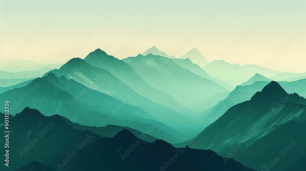 Naklejka premium A jade colored mountain range at dawn, capturing the majesty and ease of nature, with the soft light enhancing the jade tones of the peaks