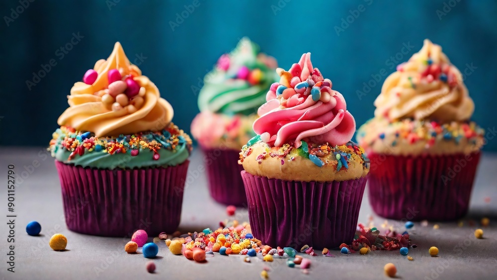 Cupcakes with colorful frosting and sprinkles, dessert Cupcakes with colorful frosting and sprinkles, dessert