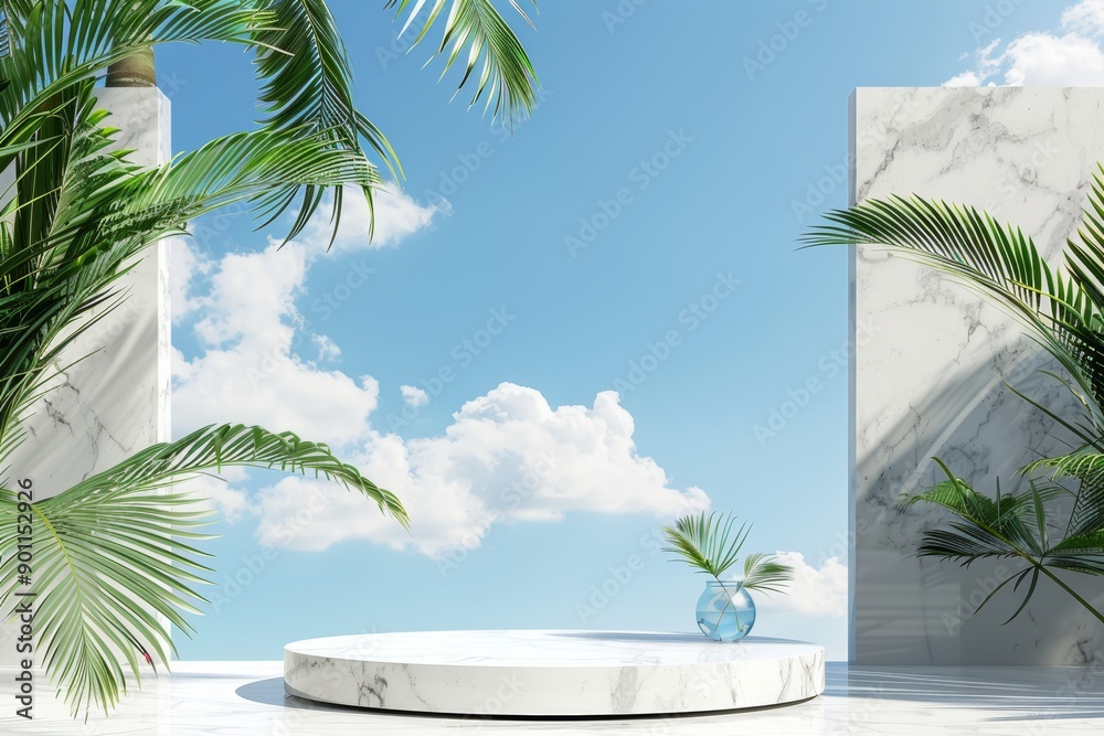 White steps, palm trees, circle window, blue sky, clouds. Ideal for travel brochures, vacation advertisements, architectural websites, and postcards. White steps, palm trees, circle window, blue sky, clouds. Ideal for travel brochures, vacation advertisements, architectural websites, and postcards.
