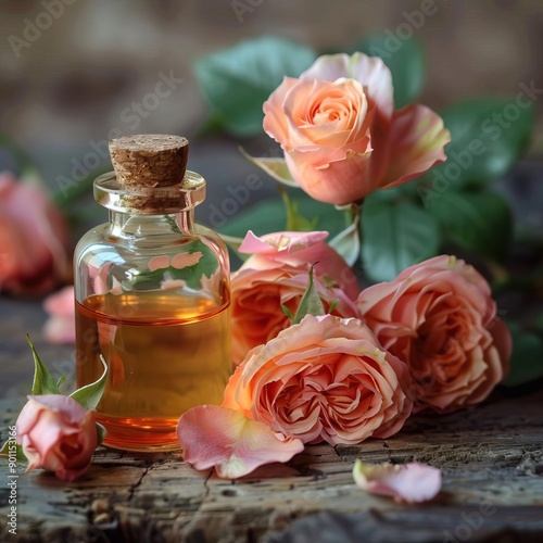 Closeup of a rose extract bottle with fresh roses.