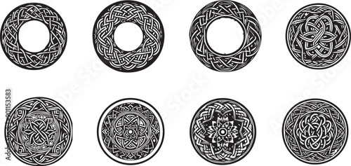 Celtic circle frames. Vintage round border frames with celtic knots, knotted braid ornaments northern Irish motifs. Circular magical patterns vector