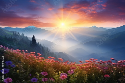 Blooming meadow among mountains. High peaks and flowers. Beauty in nature.