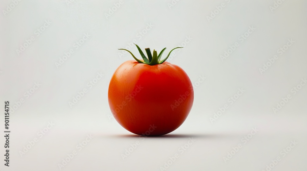 A single red tomato on a white surface A single red tomato on a white surface