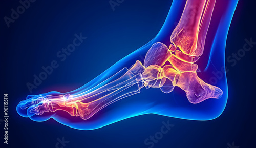 3D ing of human foot bones and joints highlighted in red. Detailed anatomy illustration ideal for medical education and health care concepts.
