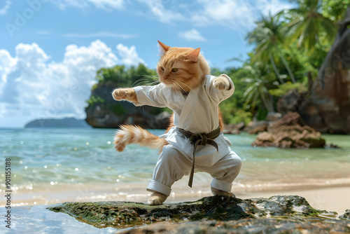 A cute cat in a martial arts pose wearing a karate outfit on a tropical beach with clear sky and palm trees. photo