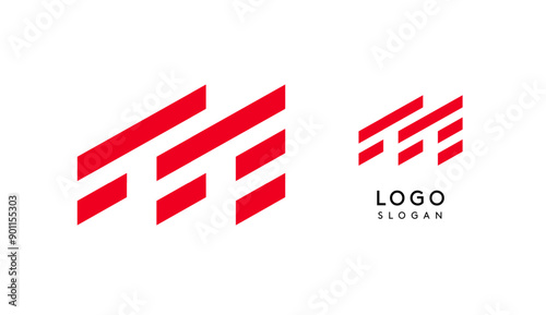 Abstract red geometric letter M with parallel lines. Stripes modern logotype concept, futuristic design for an innovative company, minimalist sporty and technological power style. Vector illustration