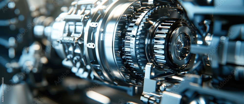 High-resolution close-up of car engine and transmission, detailed view of mechanical components