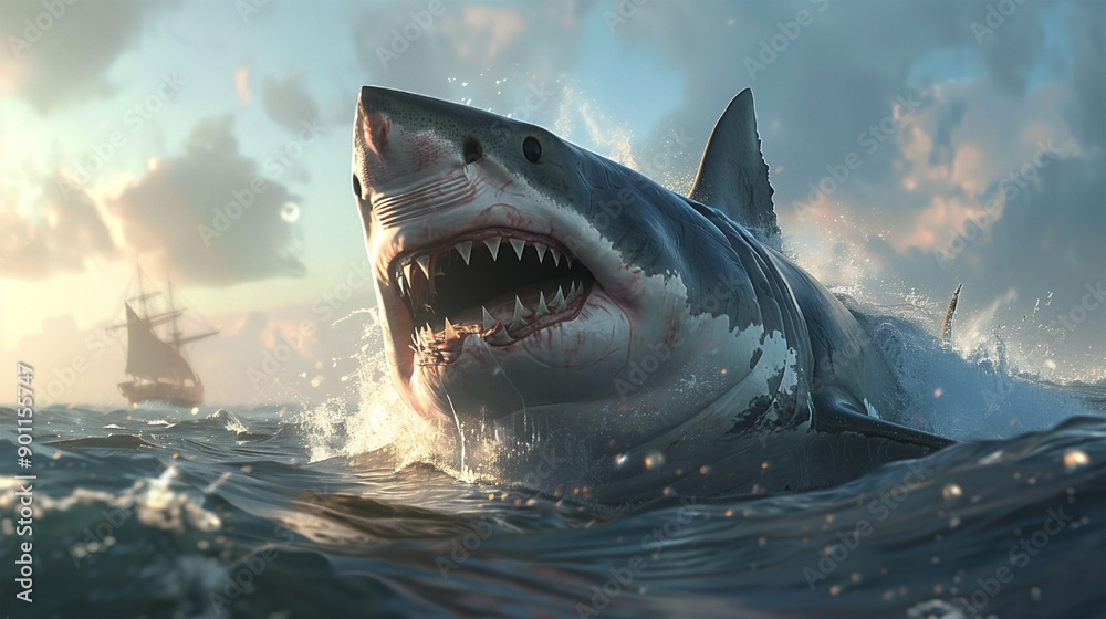 Naklejka premium A stunning digital illustration of a great white shark swimming gracefully in the blue ocean, showcasing its powerful jaws, sharp teeth, and sleek body.
