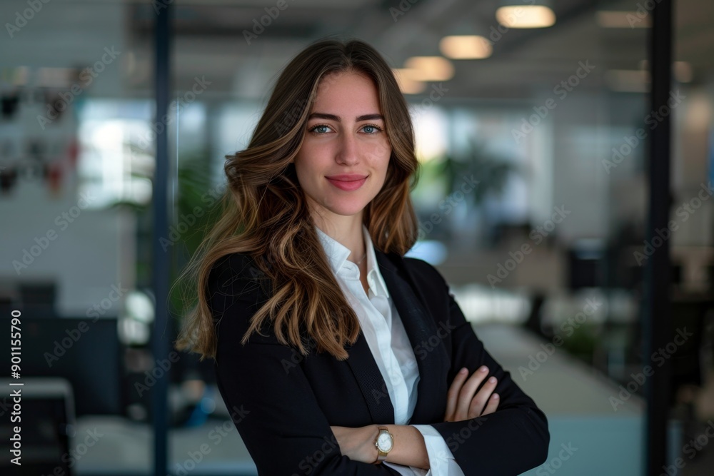 Confident businesswoman in modern office setting, smiling and expressing professionalism. Ideal for workplace and corporate imagery. Portrait style. Generative AI Confident businesswoman in modern office setting, smiling and expressing professionalism. Ideal for workplace and corporate imagery. Portrait style. Generative AI