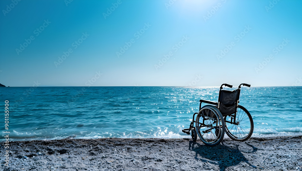 Fototapeta premium An empty wheelchair with a scenic view of the ocean during the daytime, symbolizing accessibility, freedom, and tranquility by the beach.